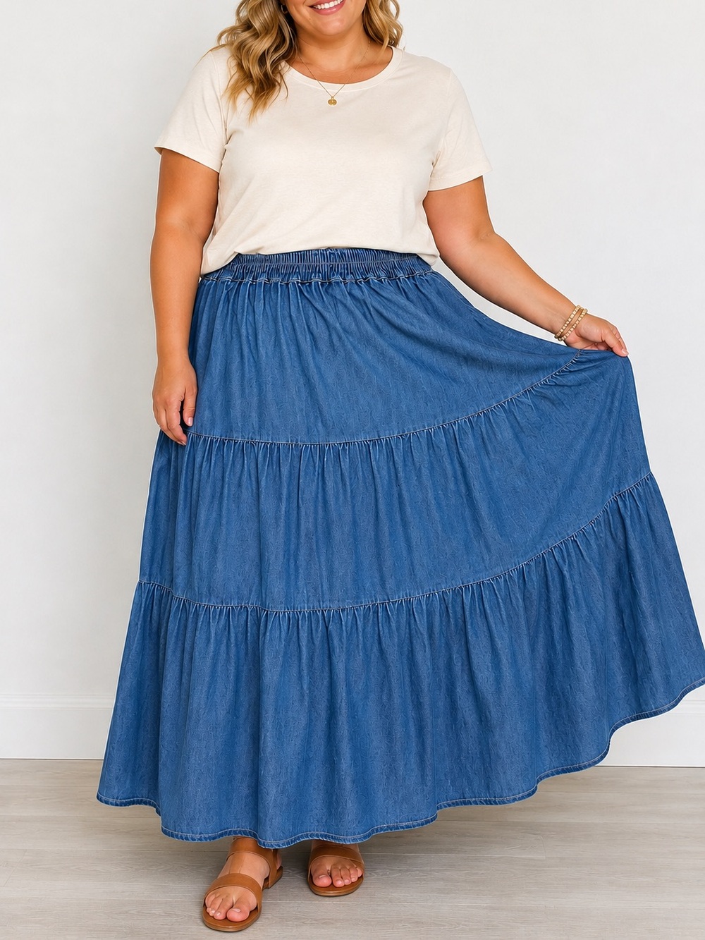 Denim Tiered Maxi Skirt Blue Chambray Elastic Waist Boho Cottagecore 18W